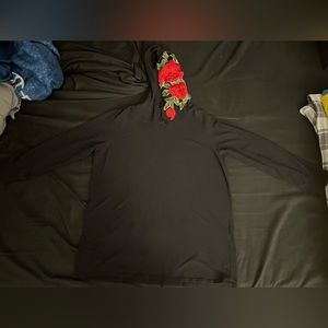 Women’s Windsor long sleeve pullover top with rose embroidered hood